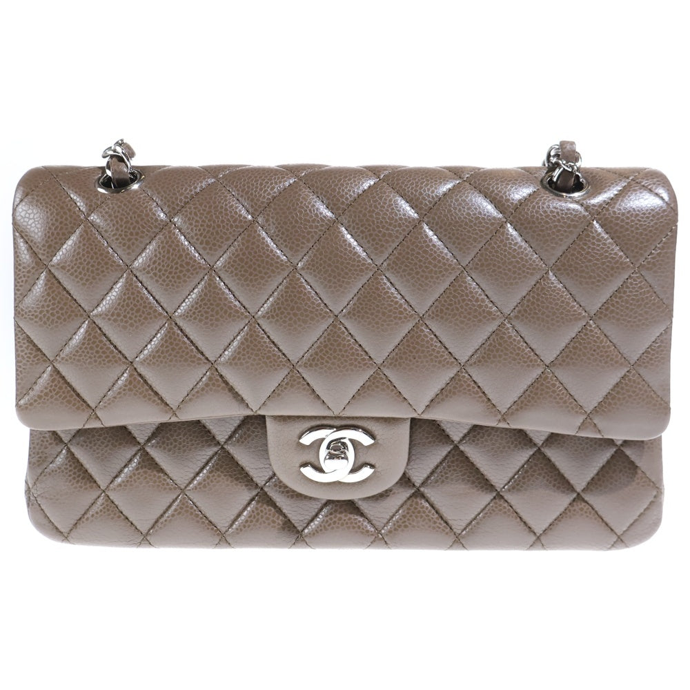 CHANEL(シャネル) マトラッセ25 キャビアスキン レザー ダブルフラップ Wチェーン ショルダーバッグ シルバー金具 ブラウン 16番台 レディース