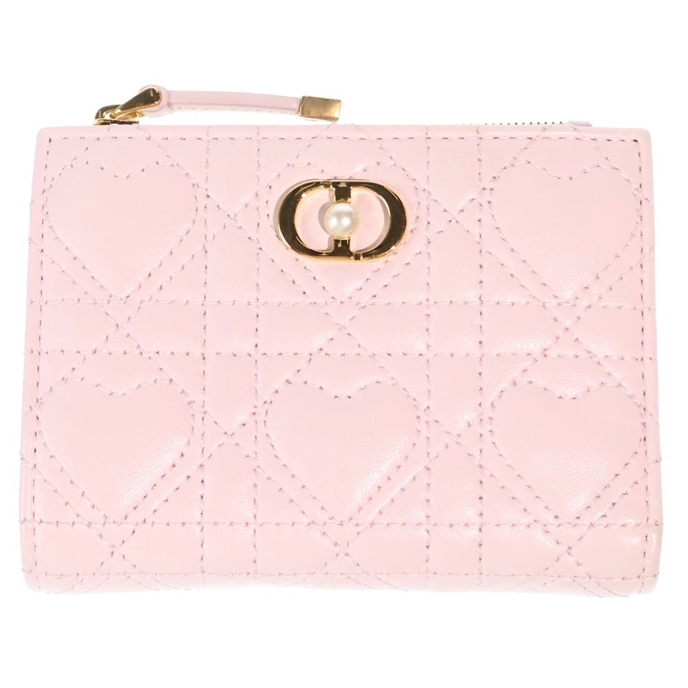 Christian Dior(クリスチャンディオール) ハート ダリアウォレット コンパクトウォレット 二つ折り財布 コインケース ライトピンク ラムスキン ゴールド金具 レディース