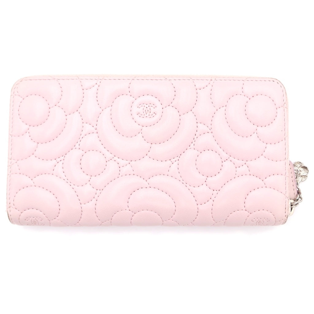 CHANEL(シャネル) カメリア ラウンドファスナー ロングウォレット カードケース ライトピンク ラムスキン シルバー金具 レディース