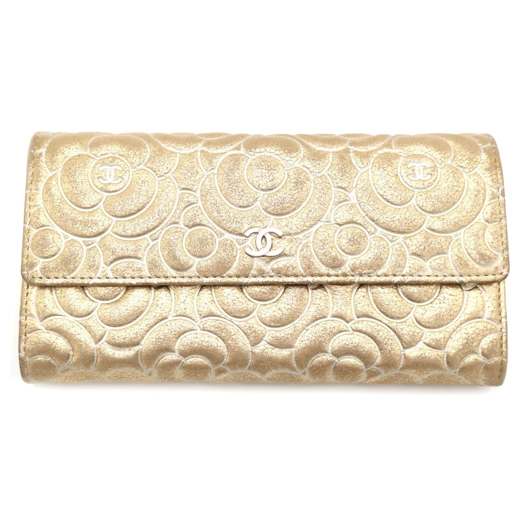 CHANEL(シャネル) カメリア フラップロングウォレット カードケース 長財布 ゴールド レザー シルバー金具 レディース