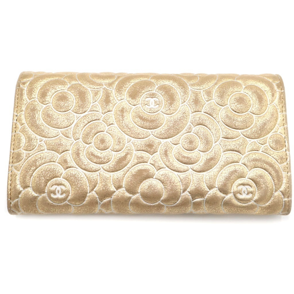 CHANEL(シャネル) カメリア フラップロングウォレット カードケース 長財布 ゴールド レザー シルバー金具 レディース