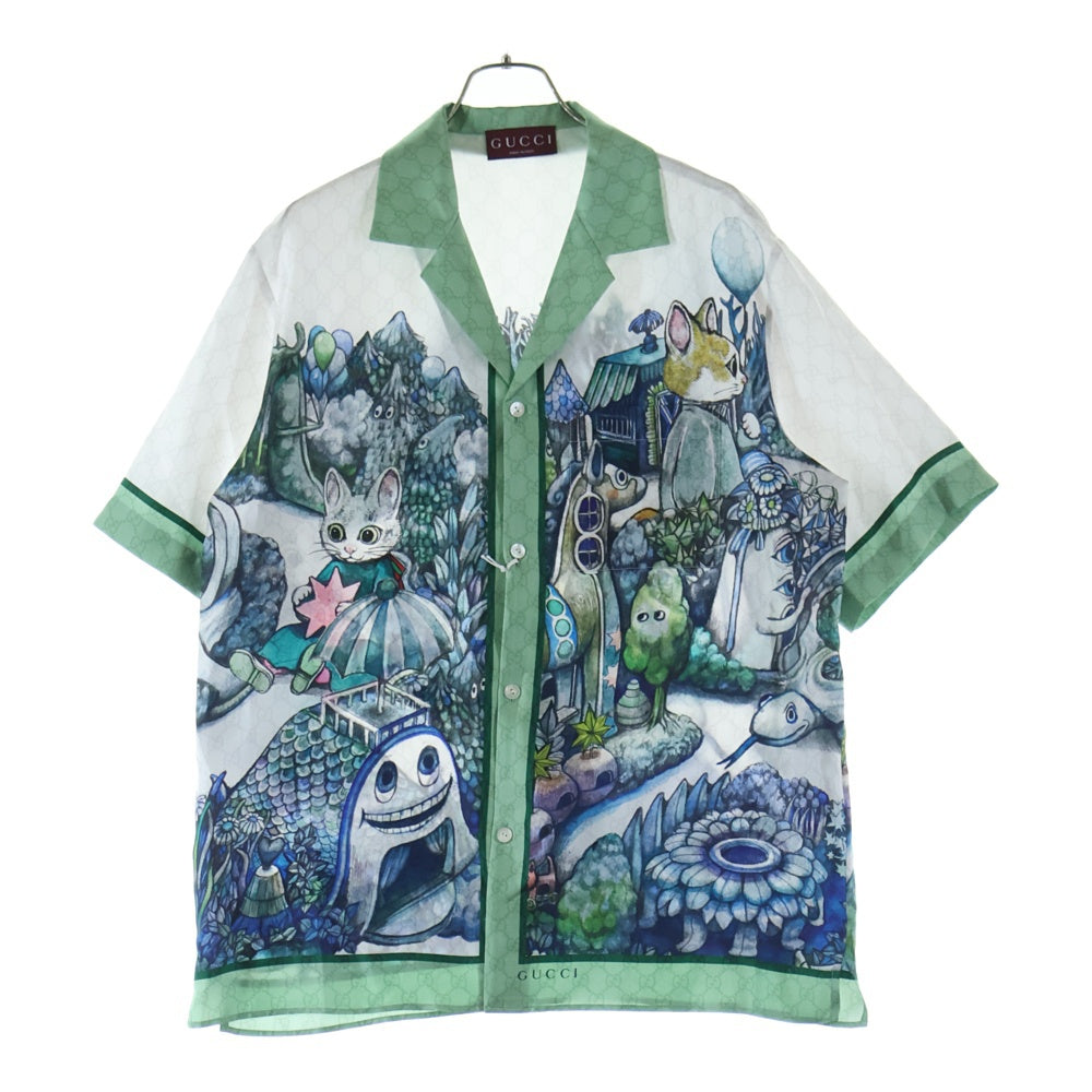GUCCI(グッチ) 25AW ×ヒグチユウコ GG総柄 グラフィックプリント シルク 半袖 オープンカラーシャツ グリーン/グレー 864048