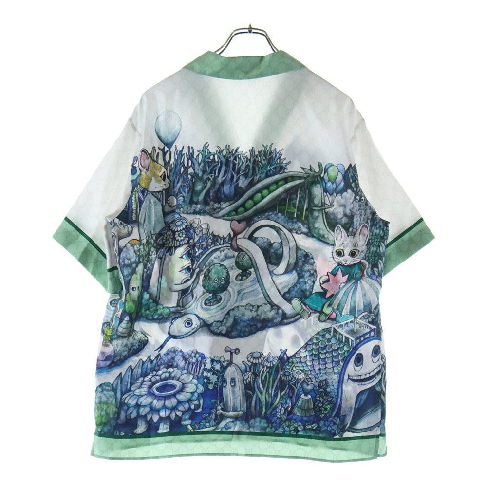 GUCCI(グッチ) 25AW ×ヒグチユウコ GG総柄 グラフィックプリント シルク 半袖 オープンカラーシャツ グリーン/グレー 864048