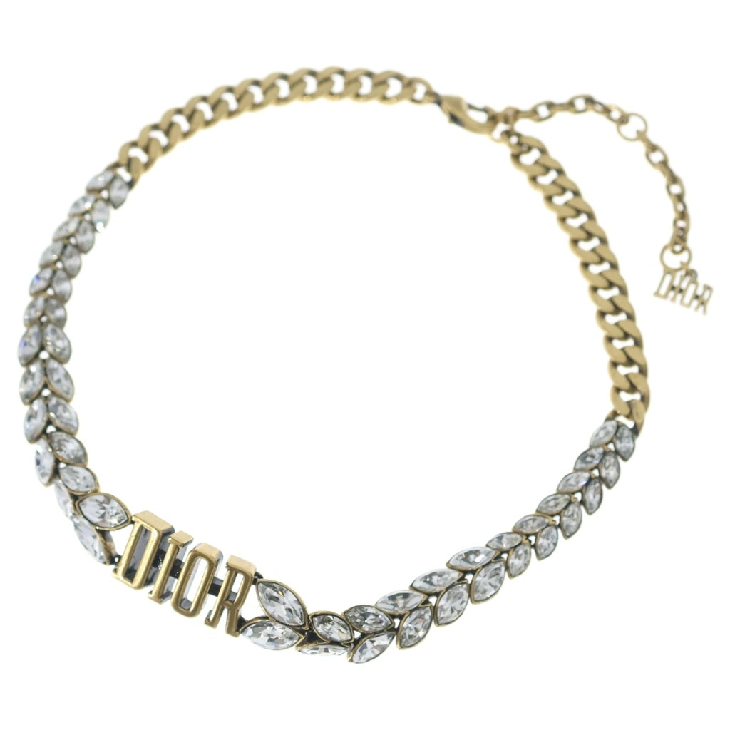 Christian Dior(クリスチャンディオール) リーフビジュ ロゴネックレス チョーカー ゴールド ラインストーン GP レディース