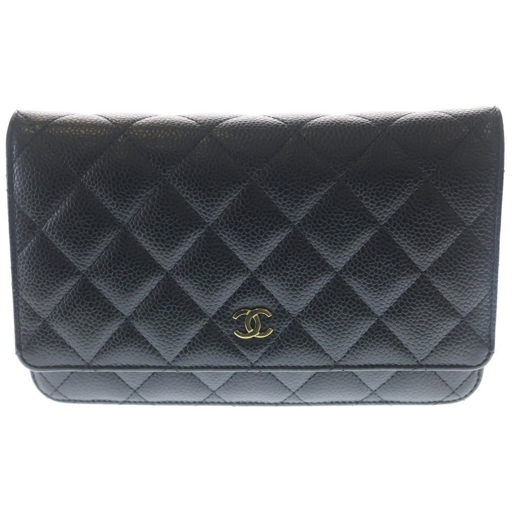 CHANEL(シャネル) マトラッセ チェーンウォレット キャビアスキン レザー ショルダーバッグ ゴールド金具 ブラック プレート レディース