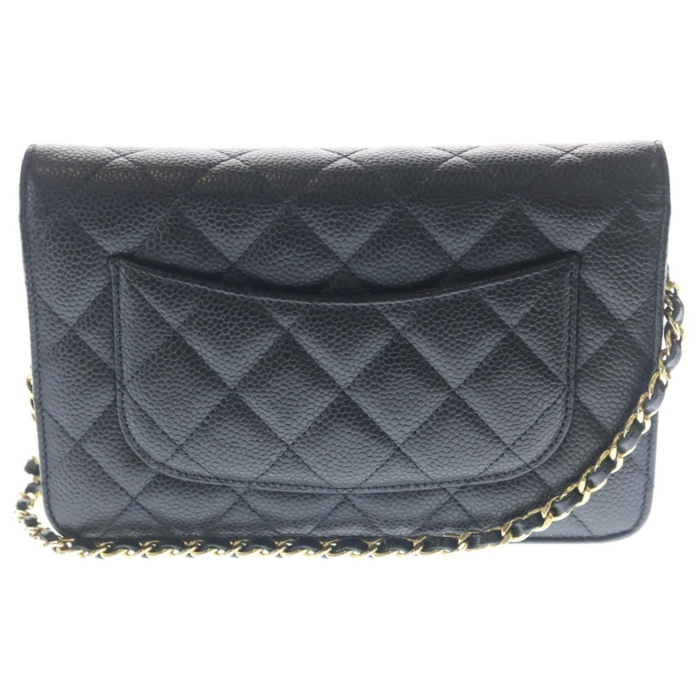 CHANEL(シャネル) マトラッセ チェーンウォレット キャビアスキン レザー ショルダーバッグ ゴールド金具 ブラック プレート レディース