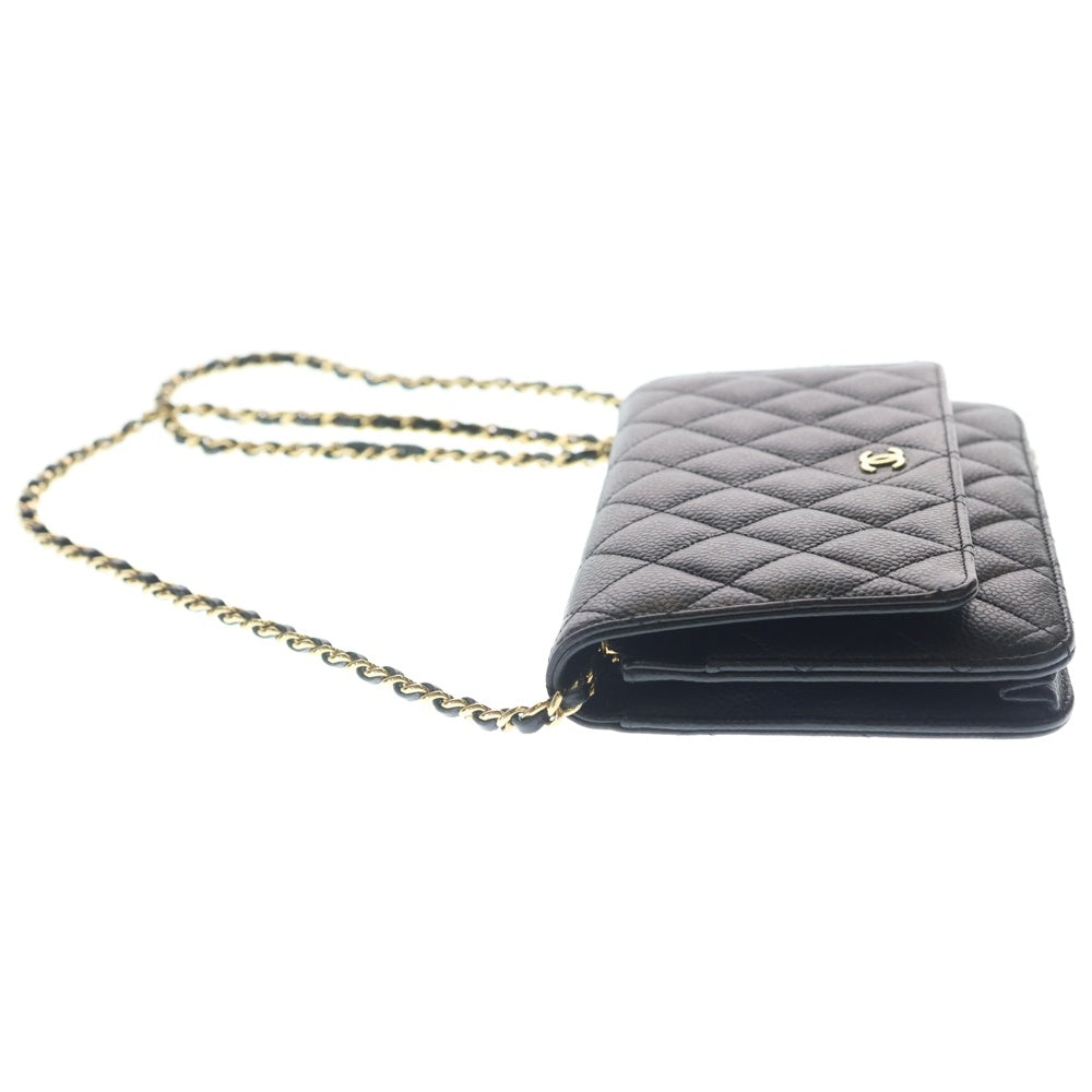 CHANEL(シャネル) マトラッセ チェーンウォレット キャビアスキン レザー ショルダーバッグ ゴールド金具 ブラック プレート レディース