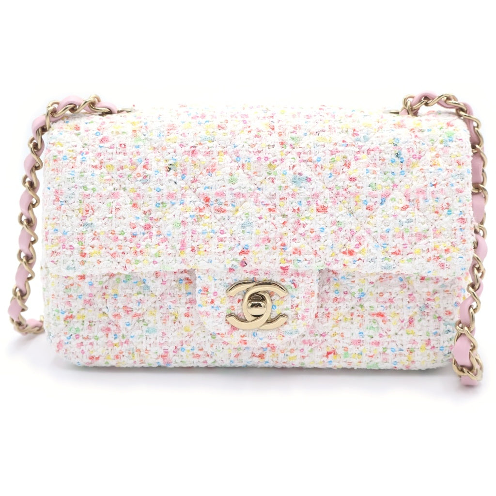 CHANEL(シャネル) ミニマトラッセ 20 ツイード スパンコール チェーンショルダーバッグ ゴールド金具 ホワイト/ピンク プレート レディース