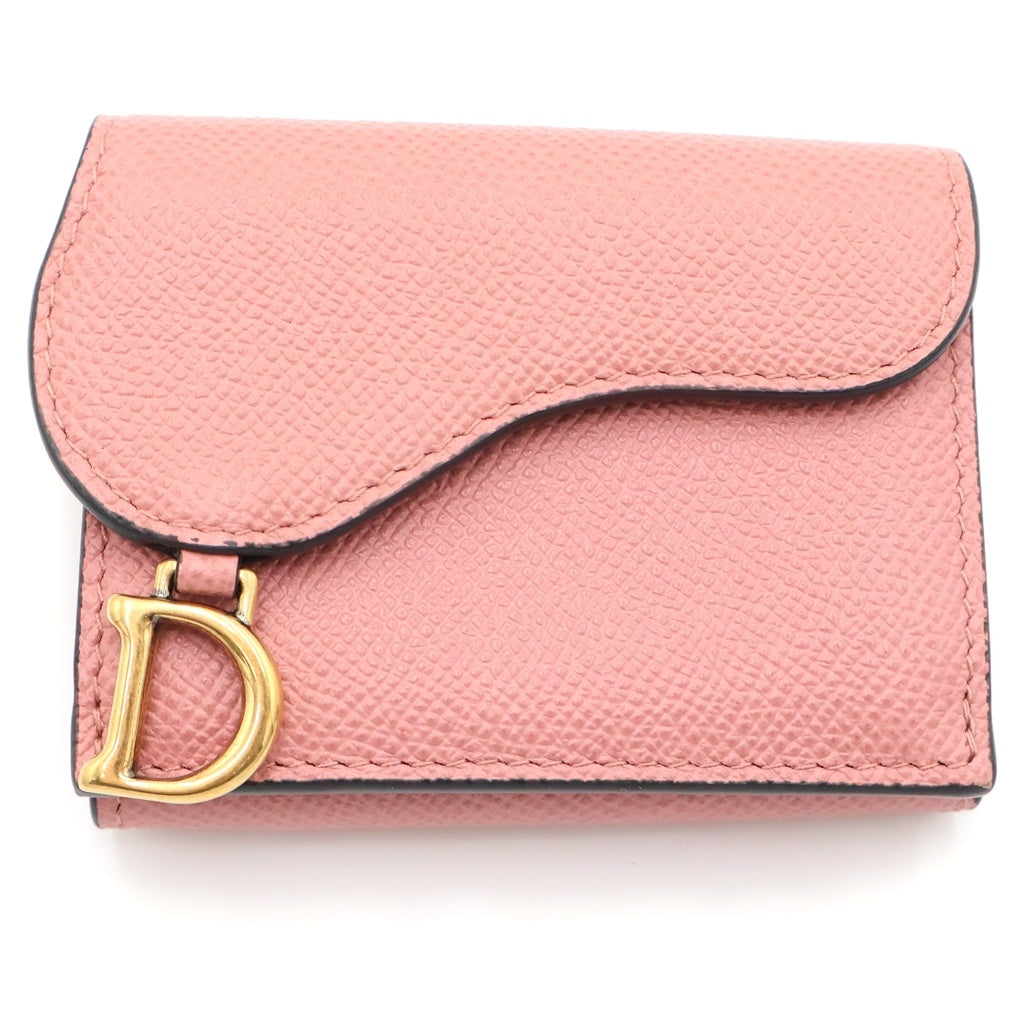 DIOR(ディオール) サドル レザー ロータスウォレット 三つ折り財布 コンパクトウォレット コインケース ピンク レザー ゴールド金具 レディース