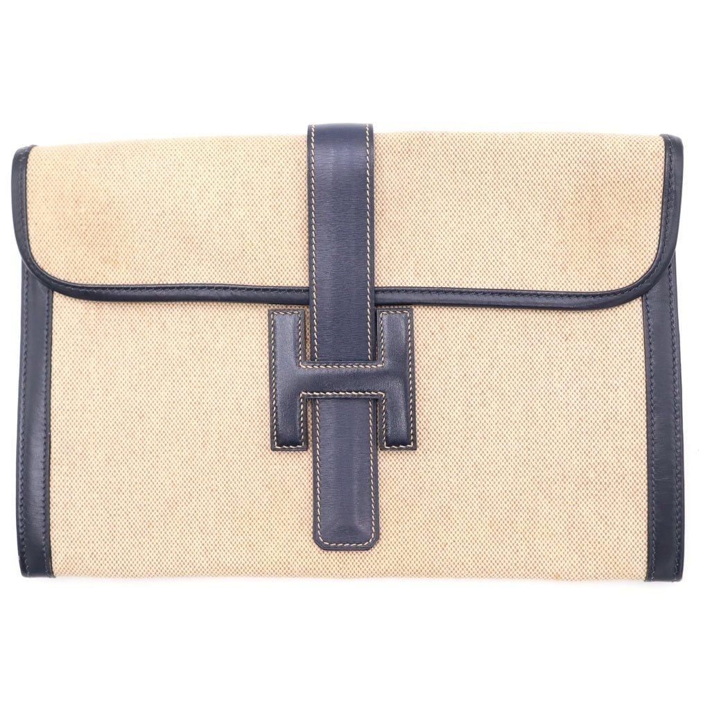 HERMES(エルメス) ジジェ セカンドバッグ クラッチバッグ ポーチ ケース ネイビー×アイボリー レザー×キャンバス