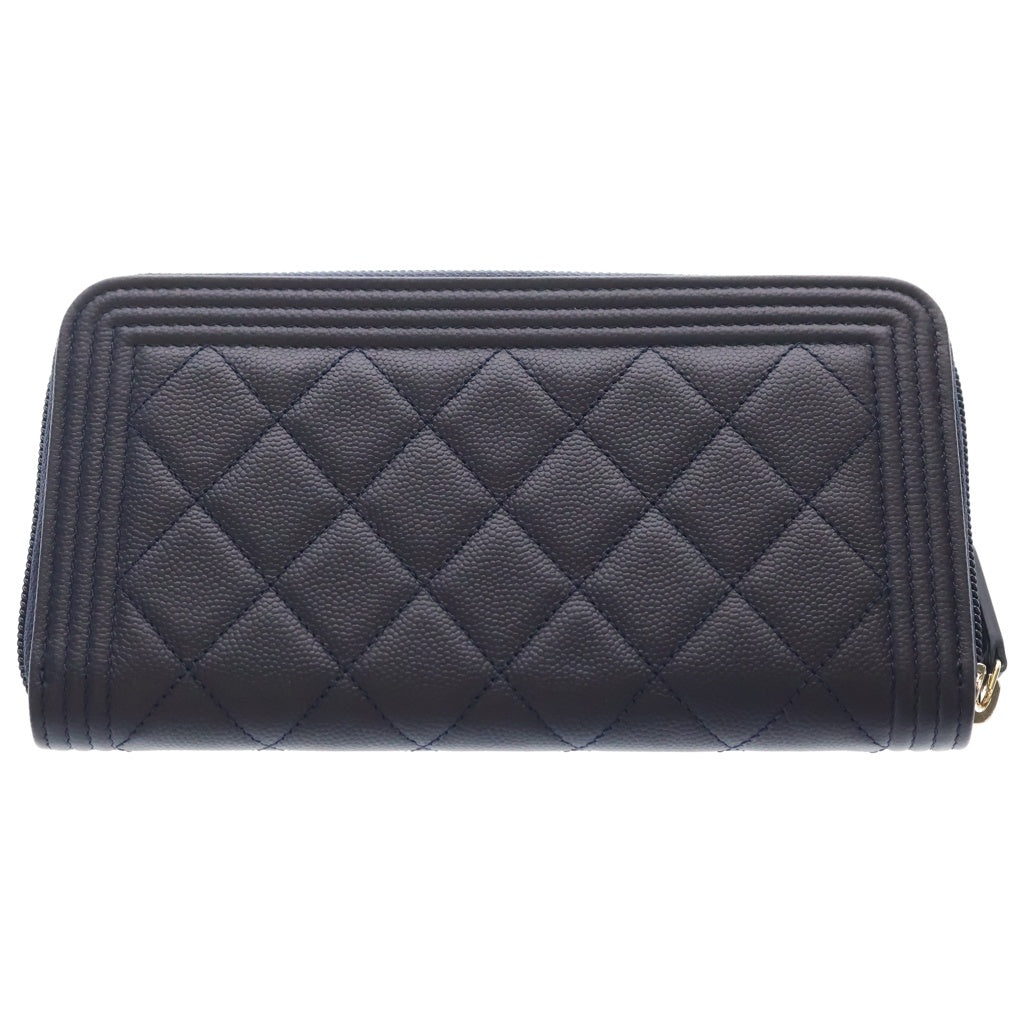 CHANEL(シャネル) ボーイシャネル キャビアスキン レザー ラウンドファスナー ロングウォレット 長財布 ゴールド金具 ネイビー 24番台 シール レディース