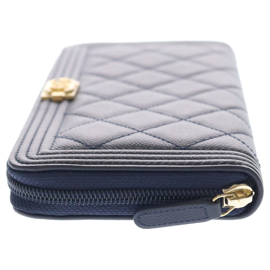 CHANEL(シャネル) ボーイシャネル キャビアスキン レザー ラウンドファスナー ロングウォレット 長財布 ゴールド金具 ネイビー 24番台 シール レディース