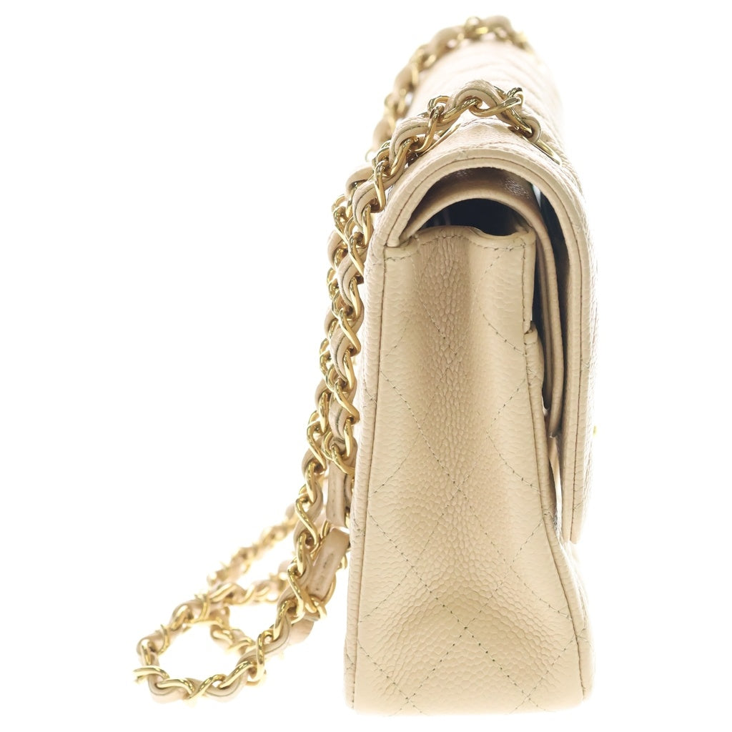 CHANEL(シャネル) マトラッセ 25 WフラップWチェーンショルダーバッグ ベージュ キャビアスキン ゴールド金具 レディース