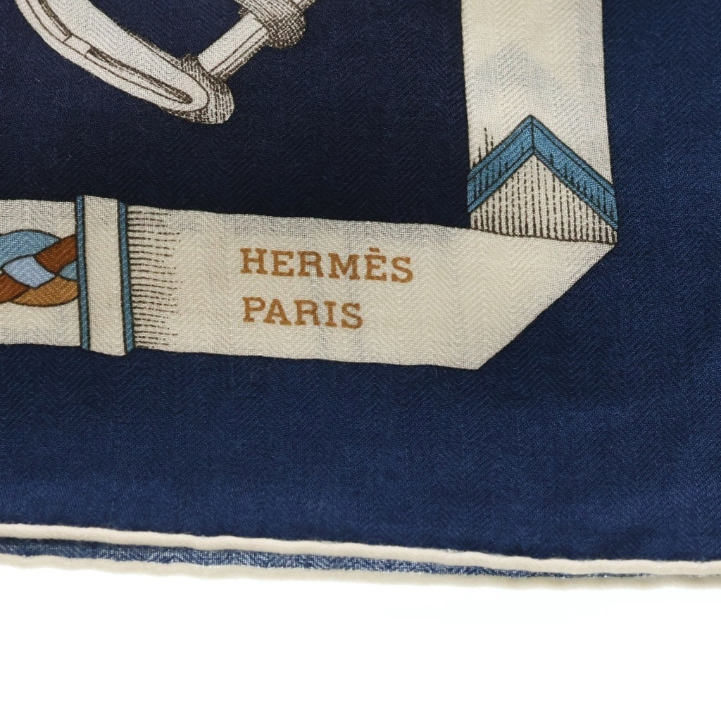 HERMES(エルメス) カレジェアン 140 CHEVAUX DE CHAINES シルク カシミヤ スカーフ ネイビー レディース