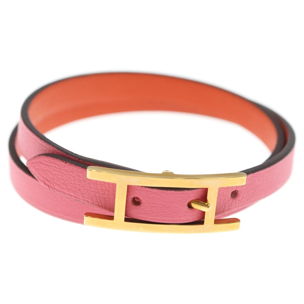 HERMES(エルメス) ビーアピ ドゥブルトゥール レザー 2連 ブレスレット ゴールド金具 ピンク/オレンジ レディース
