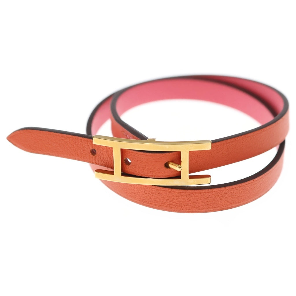 HERMES(エルメス) ビーアピ ドゥブルトゥール レザー 2連 ブレスレット ゴールド金具 ピンク/オレンジ レディース