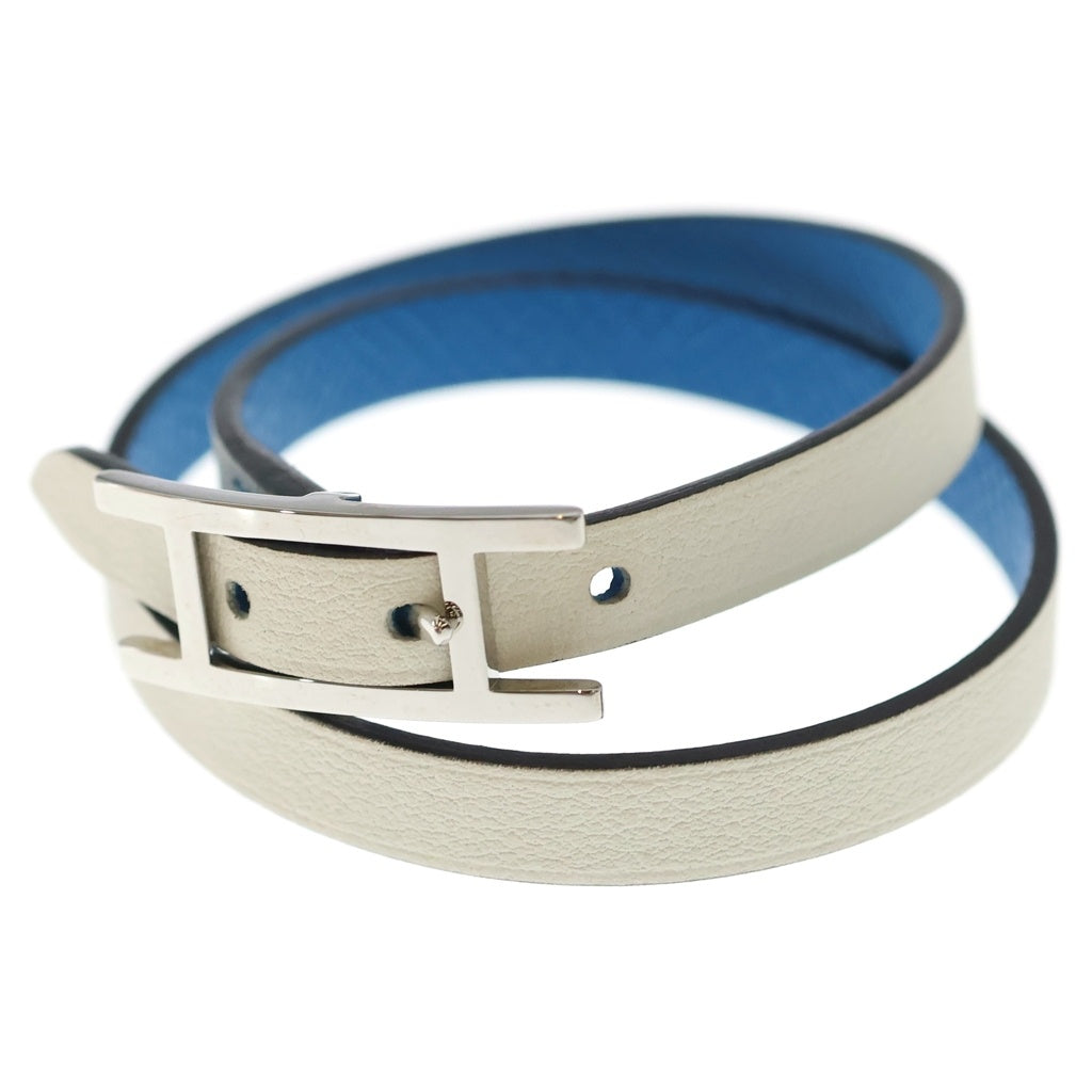 HERMES(エルメス) ビーアピ ドゥブルトゥール レザー 2連 ブレスレット シルバー金具 ブルー/ホワイト レディース