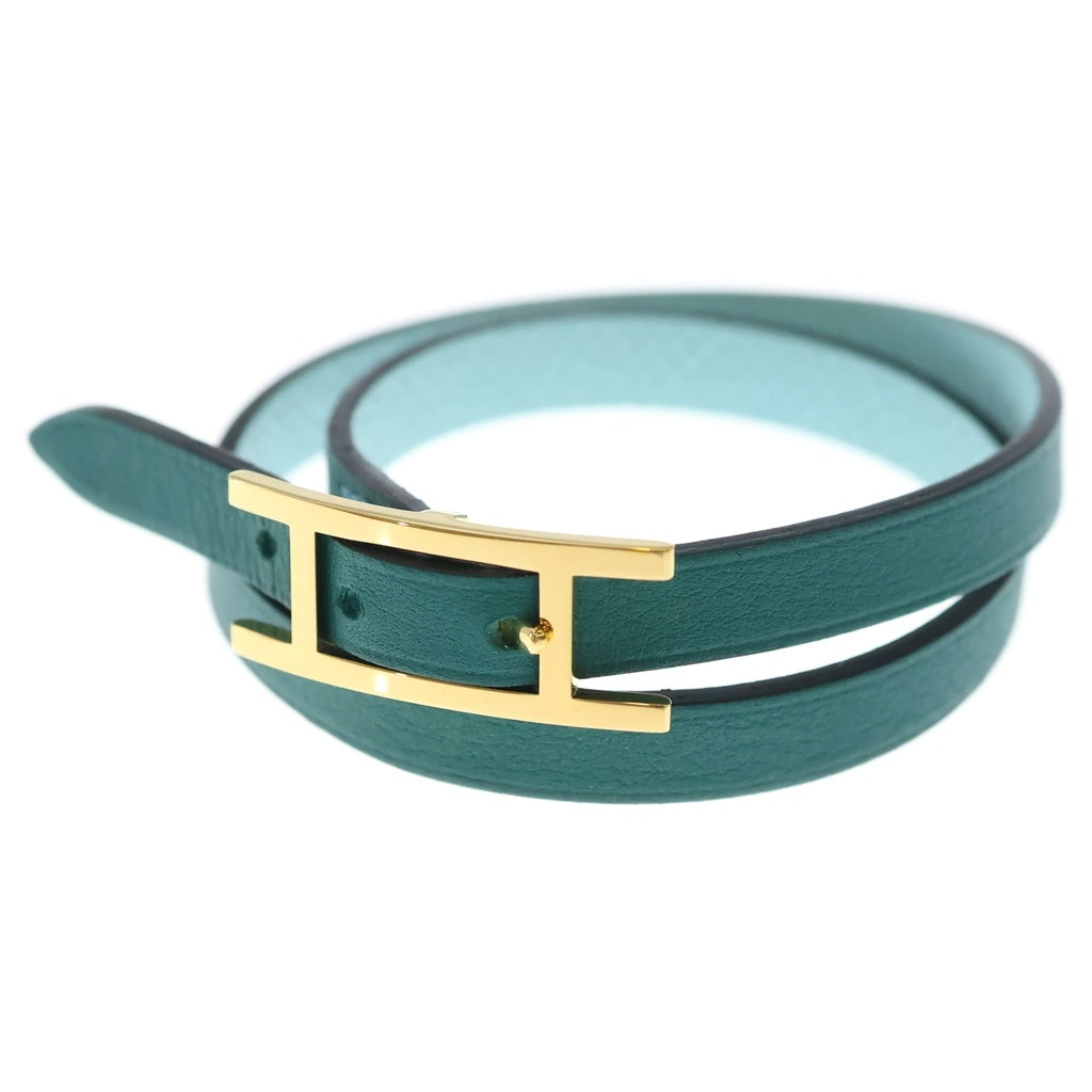 HERMES(エルメス) ビーアピ ドゥブルトゥール レザー 2連 ブレスレット ゴールド金具 ライトブルー/グリーン レディース