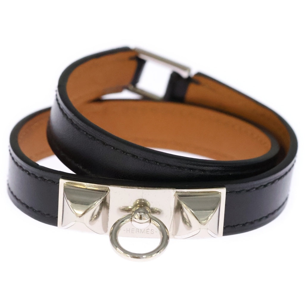 HERMES(エルメス) リヴァル ドゥブルトゥール レザー シルバー金具 スタッズ ブレスレット バングル □R刻印 ブラック/シルバー