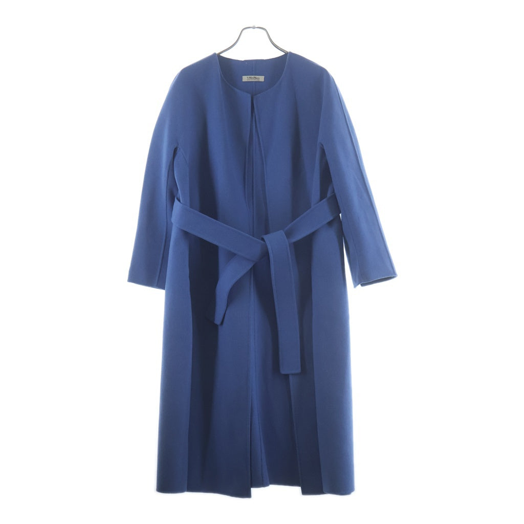 Max Mara(マックスマーラ) ウール ノーカラー ベルト付き ガウン ロングコート ブルー レディース