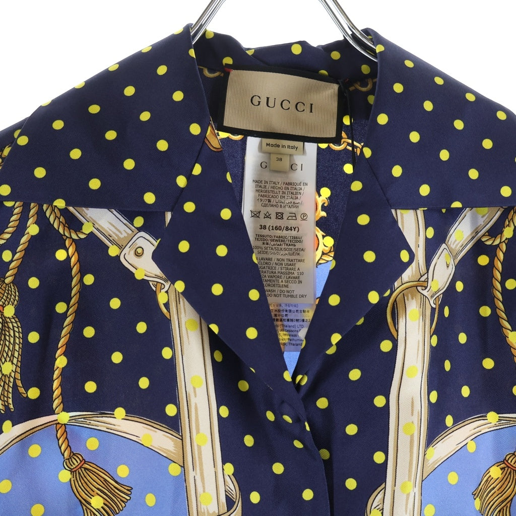 GUCCI(グッチ) ZANUR クロップド 半袖シャツ ボタンダウン シルク 総柄 ネイビー 744796 レディース
