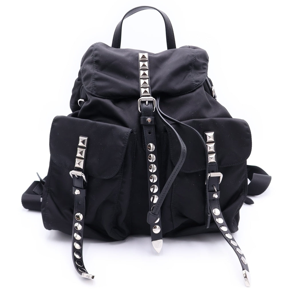 PRADA(プラダ) スタッズ テスート ナイロン シルバー金具 バックパック リュックサック ブラック レディース