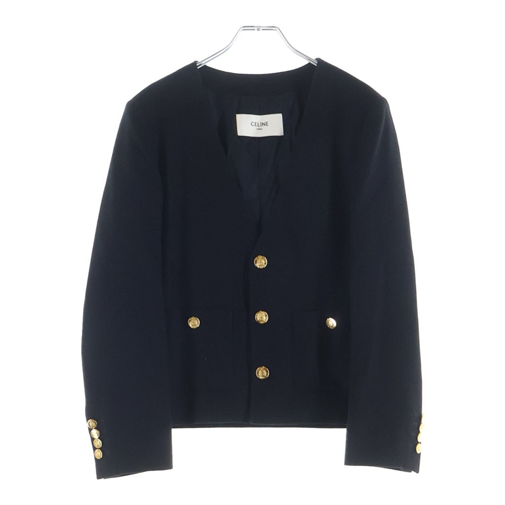CELINE(セリーヌ) 25SS カシミアフランネル シャスール ノーカラージャケット 金ボタン ブラック 2V43T311T レディース