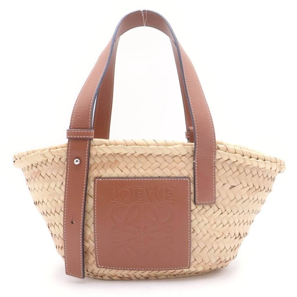 LOEWE(ロエベ) アナグラム ハンドバッグ カゴバッグ ブラウン×ベージュ レザー×ラフィア シルバー金具 レディース