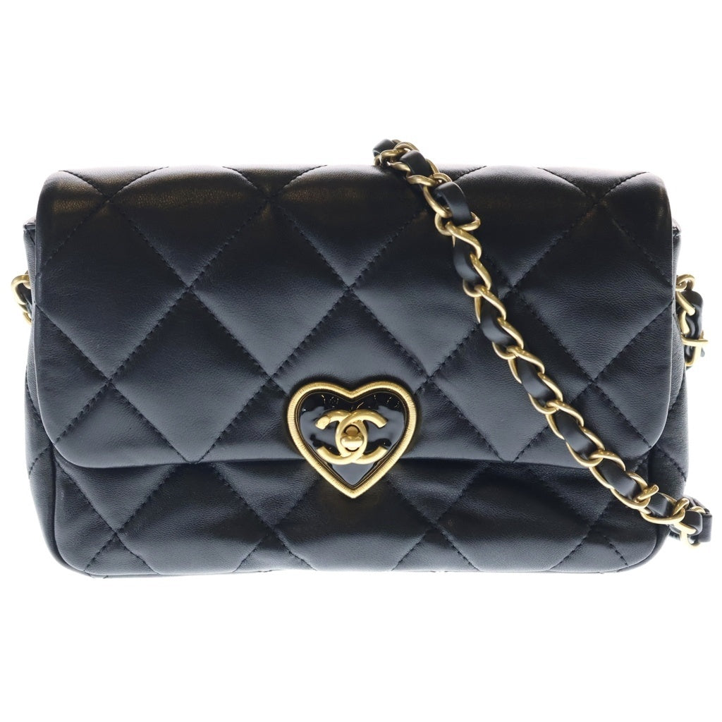 CHANEL(シャネル) マトラッセ ハートロック チェーンショルダーバッグ ラムスキン ゴールド金具 ブラック プレート AS3979 レディース