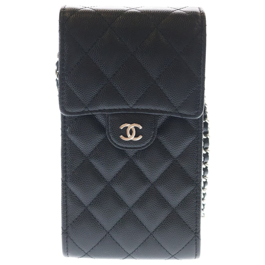 CHANEL(シャネル) マトラッセ チェーンショルダーフォンポーチ ブラック キャビアスキン ポシェット シルバー金具 AP2164 レディース