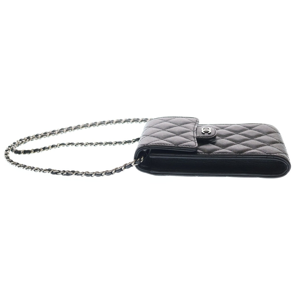 CHANEL(シャネル) マトラッセ チェーンショルダーフォンポーチ ブラック キャビアスキン ポシェット シルバー金具 AP2164 レディース