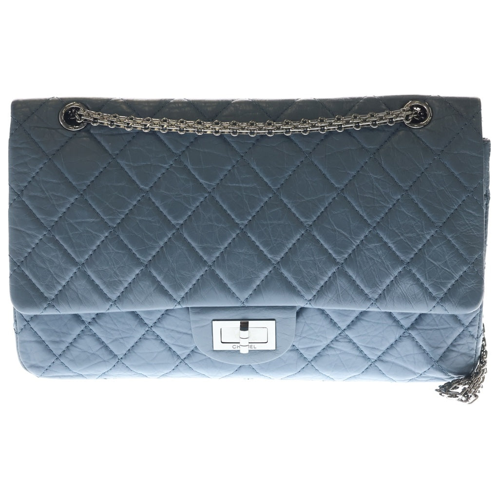 CHANEL(シャネル) 2.55 マトラッセ カーフスキン レザー Wフラップ Wチェーン ショルダーバッグ シルバー金具 スモーキーブルー 17番台 レディース