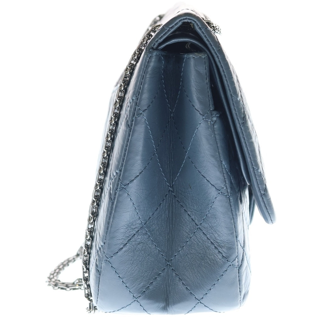 CHANEL(シャネル) 2.55 マトラッセ カーフスキン レザー Wフラップ Wチェーン ショルダーバッグ シルバー金具 スモーキーブルー 17番台 レディース