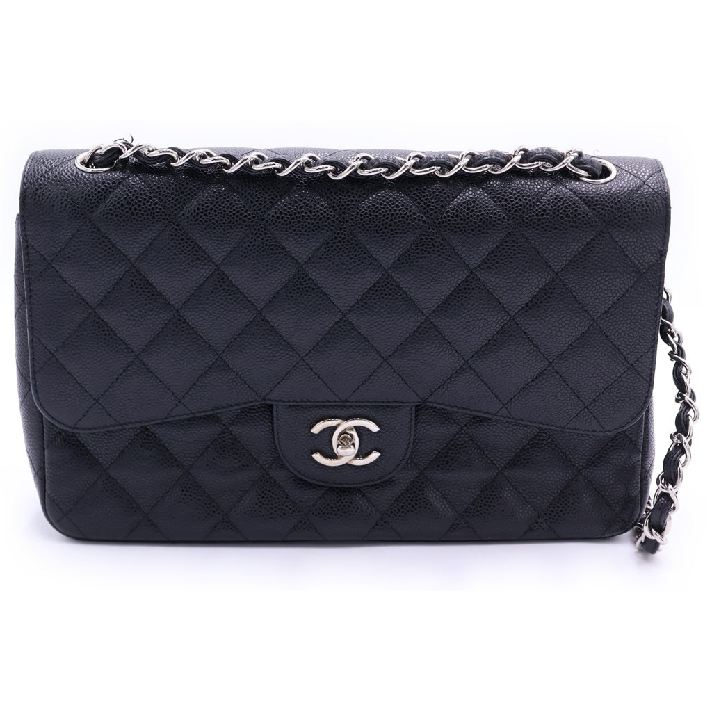 CHANEL(シャネル) デカマトラッセ 30 WフラップWチェーンショルダーバッグ ブラック キャビアスキン シルバー金具 14番台 A58600 レディース