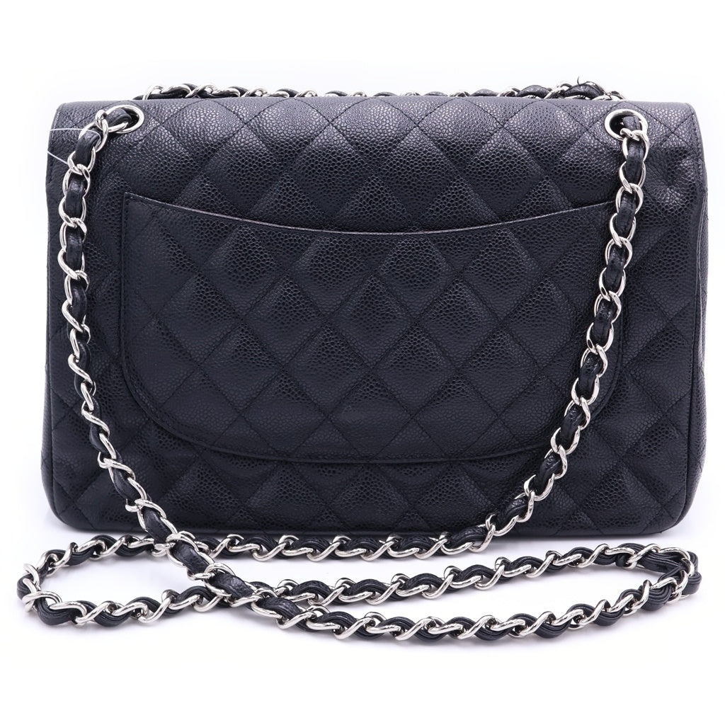 CHANEL(シャネル) デカマトラッセ 30 WフラップWチェーンショルダーバッグ ブラック キャビアスキン シルバー金具 14番台 A58600 レディース