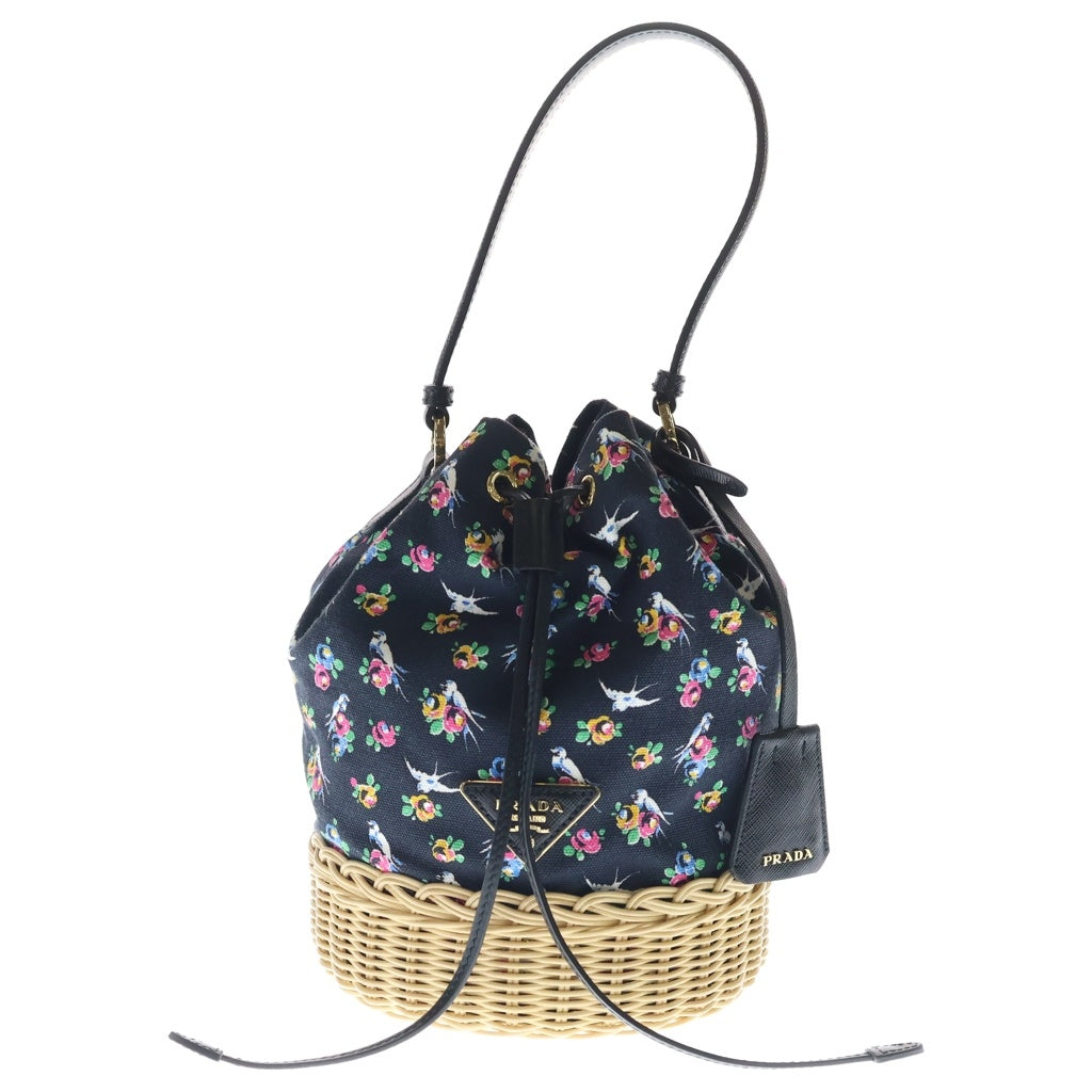 PRADA(プラダ) 2WAY かごバッグ ハンドバッグ ショルダーバッグ ブラック×ベージュ フラワープリント ウィッカー×キャンバス 1BE040 ゴールド金具 レディース