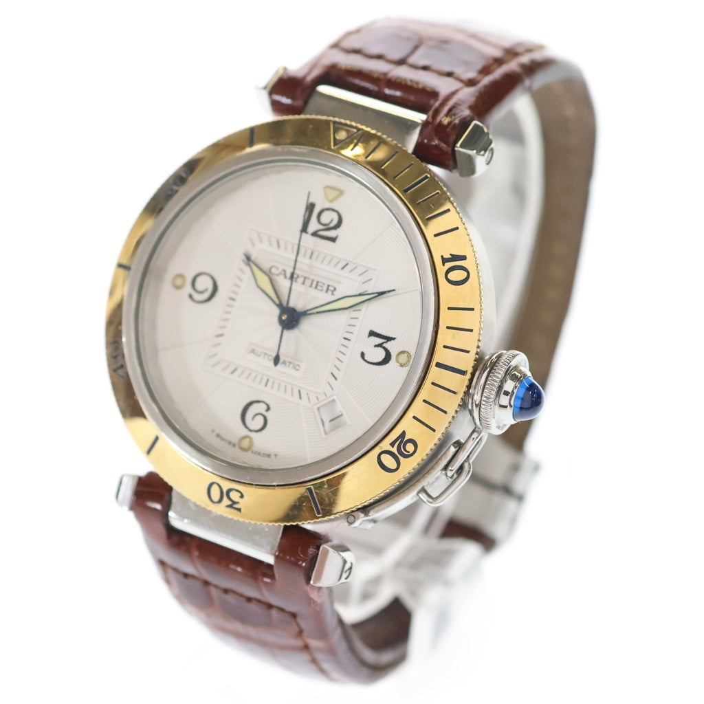 Cartier(カルティエ) パシャ ドゥ カルティエ プロンジャーウォッチ デイト 裏スケ YG×SS×レザー/AT オートマ 自動巻き 腕時計 シルバー文字盤 W3103555