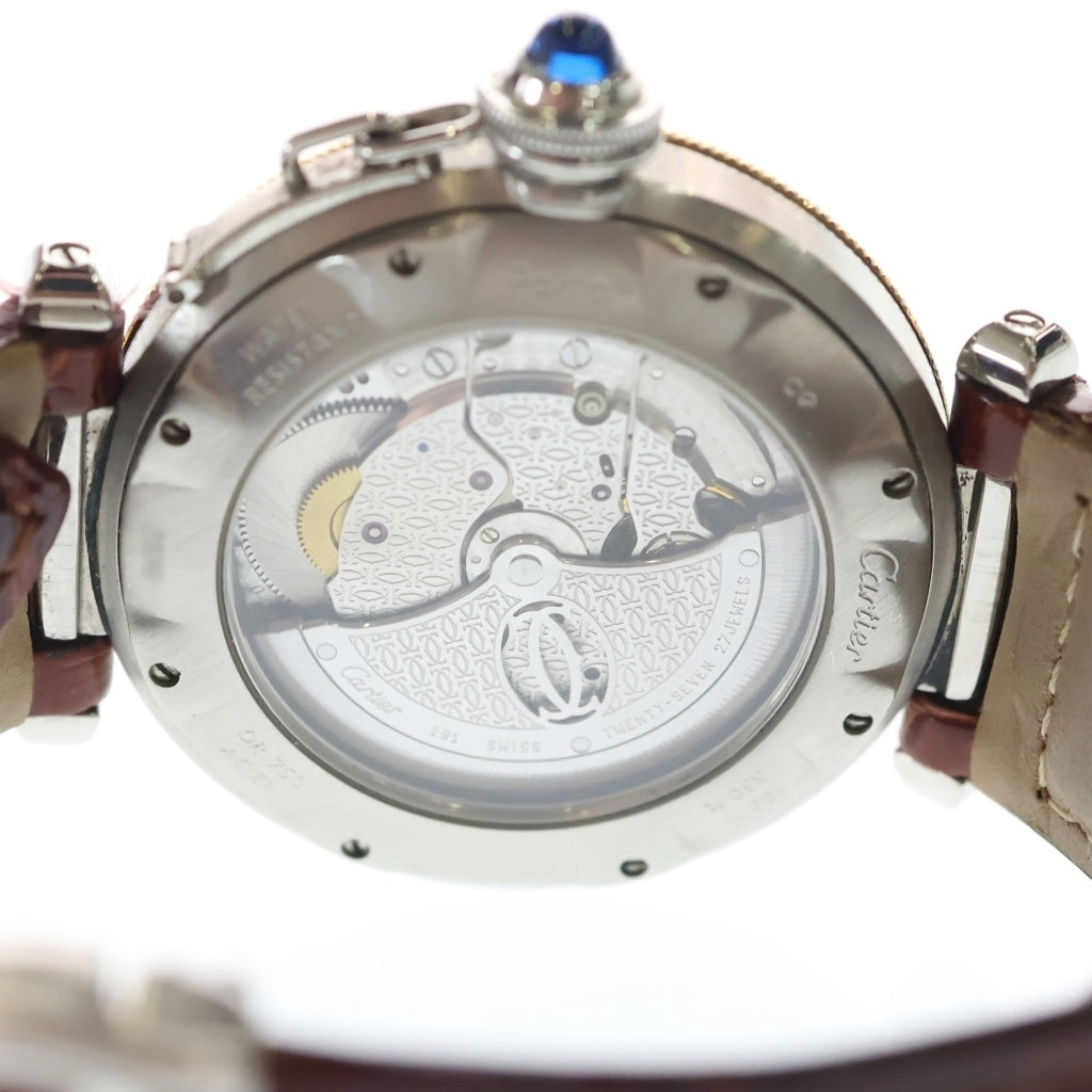 Cartier(カルティエ) パシャ ドゥ カルティエ プロンジャーウォッチ デイト 裏スケ YG×SS×レザー/AT オートマ 自動巻き 腕時計 シルバー文字盤 W3103555