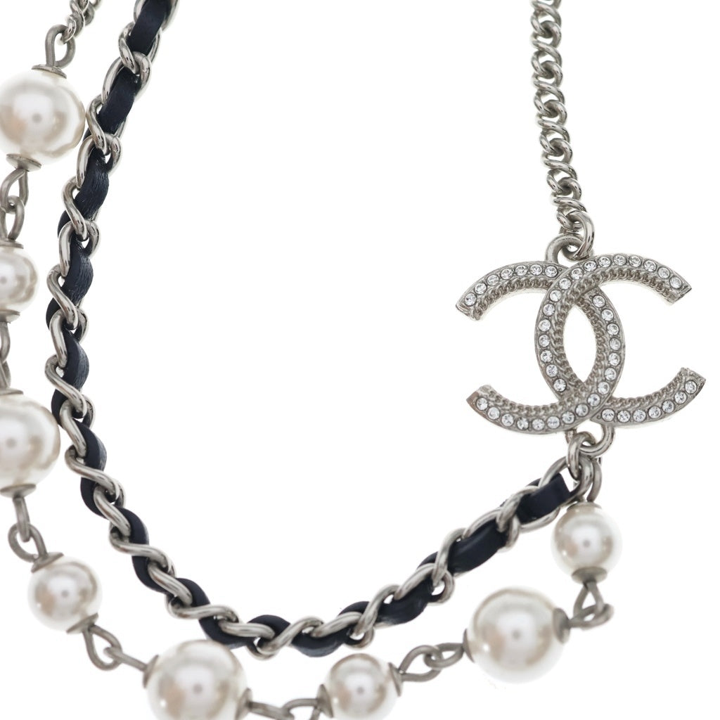 CHANEL(シャネル) ココマーク フェイクパール ラインストーン レザー チェーン ネックレス チョーカー B21B シルバー レディース