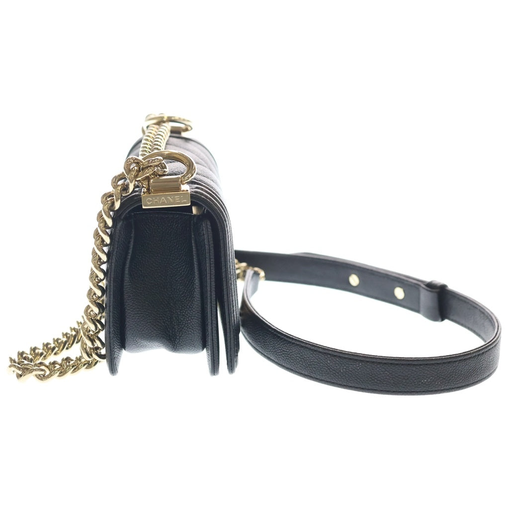 CHANEL(シャネル) ボーイシャネル ミニ シェブロン Vステッチ キャビアスキン ゴールド金具 チェーン ショルダーバッグ プレート ブラック レディース
