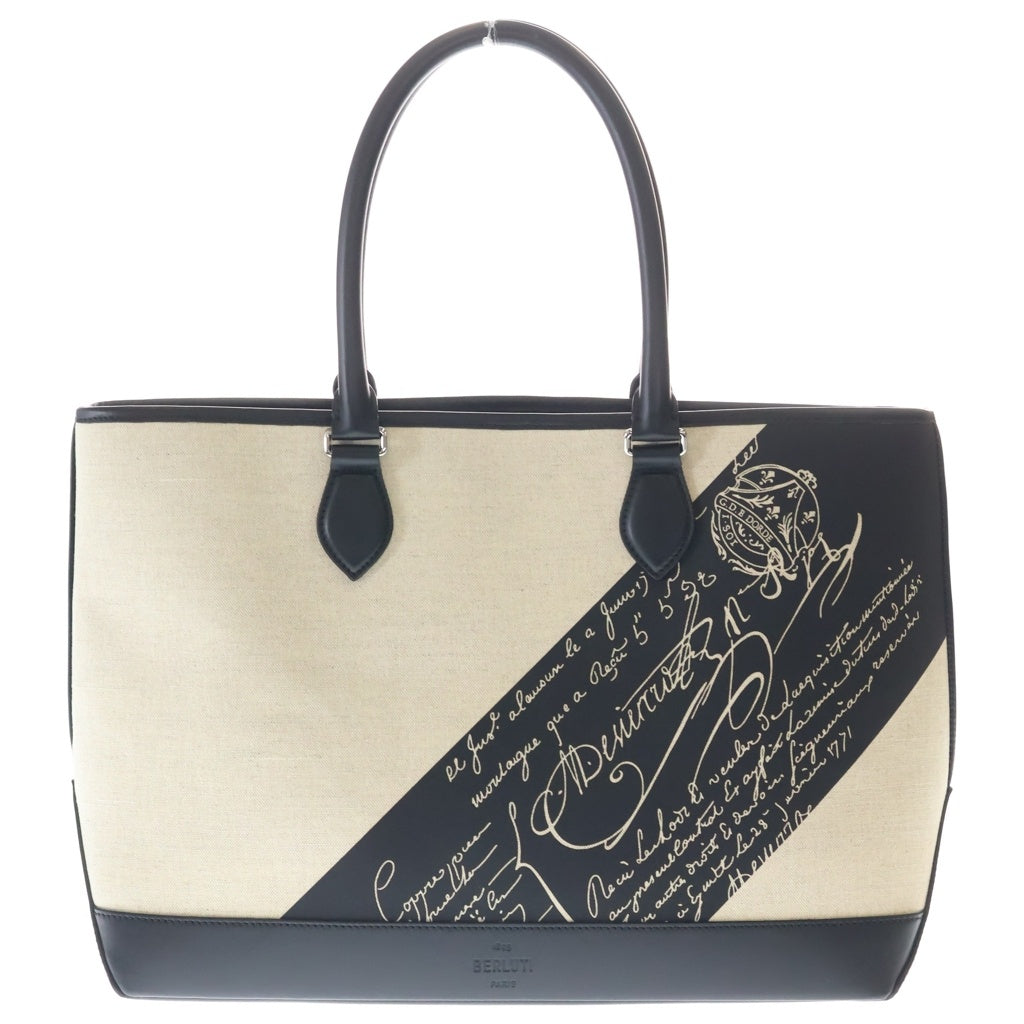 Berluti(ベルルッティ) トゥジュール スクリット トートバッグ ハンドバッグ アイボリー×ブラック レザー×キャンバス シルバー金具 レディース