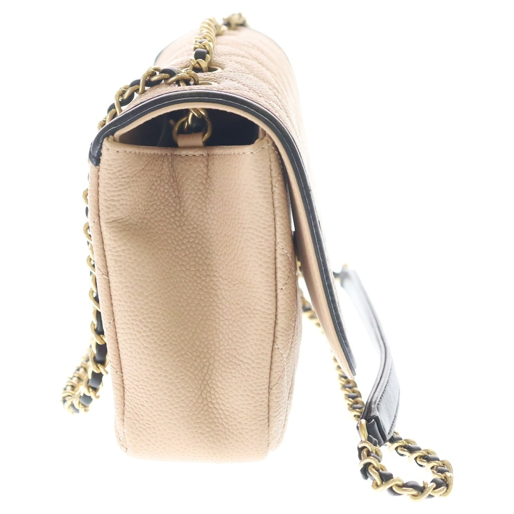 CHANEL(シャネル) CCフィグリー マトラッセ ココマーク チェーンショルダー ゴールド金具 キャビアスキン ベージュ/ブラック レディース