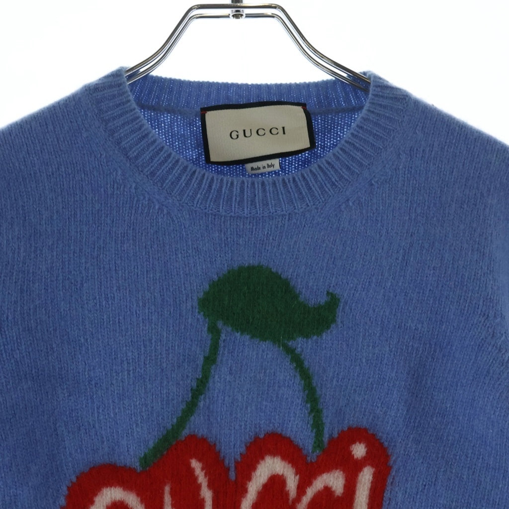 GUCCI(グッチ) チェリー柄 半袖ウールニットセーター ライトブルー #M 631467 レディース