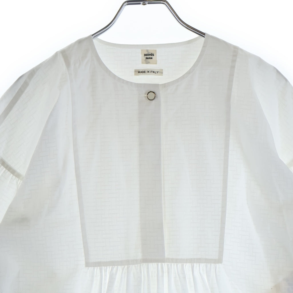 HERMES(エルメス) 25SS ボヘミアンショートドレス ガーゼ モザイク 総柄ジャガード クルーネック 半袖ワンピース ホワイト レディース 5E0570DB