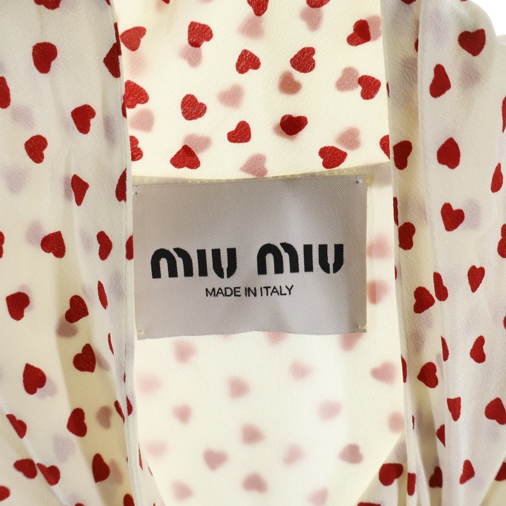miumiu(ミュウミュウ) リボンタイ ハート柄 サイドジップ半袖ひざ丈ワンピース アイボリー×レッド #36 MF4854 S231 1206 レディース