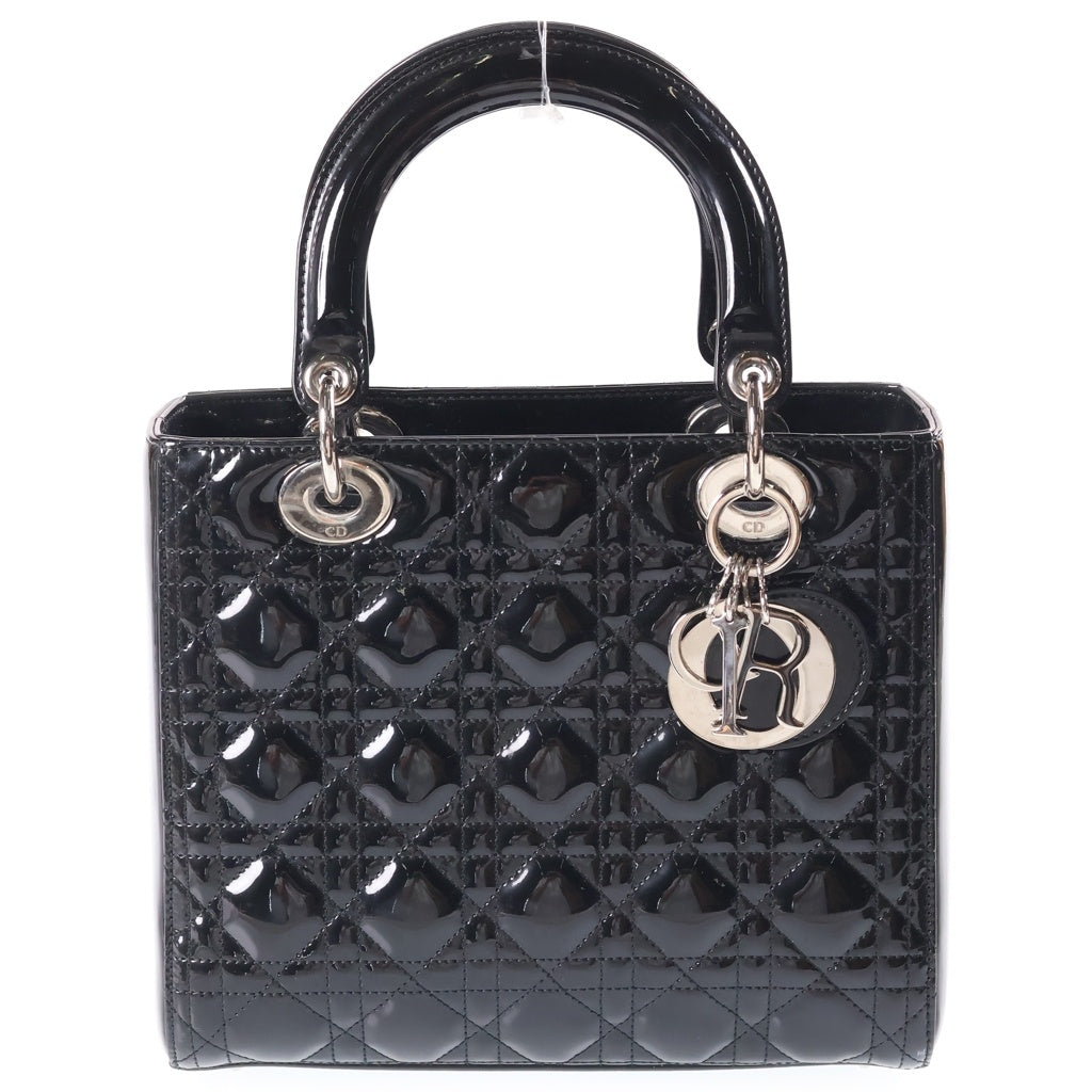 Christian Dior(クリスチャンディオール) レディディオール カナージュ ミディアム パテントレザー ハンドバッグ シルバー金具 ブラック レディース