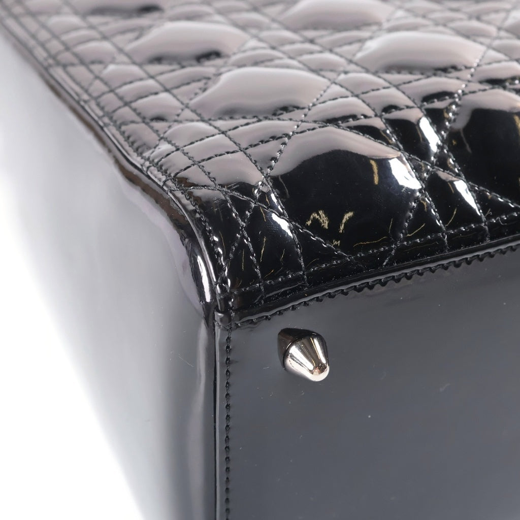 Christian Dior(クリスチャンディオール) レディディオール カナージュ ミディアム パテントレザー ハンドバッグ シルバー金具 ブラック レディース