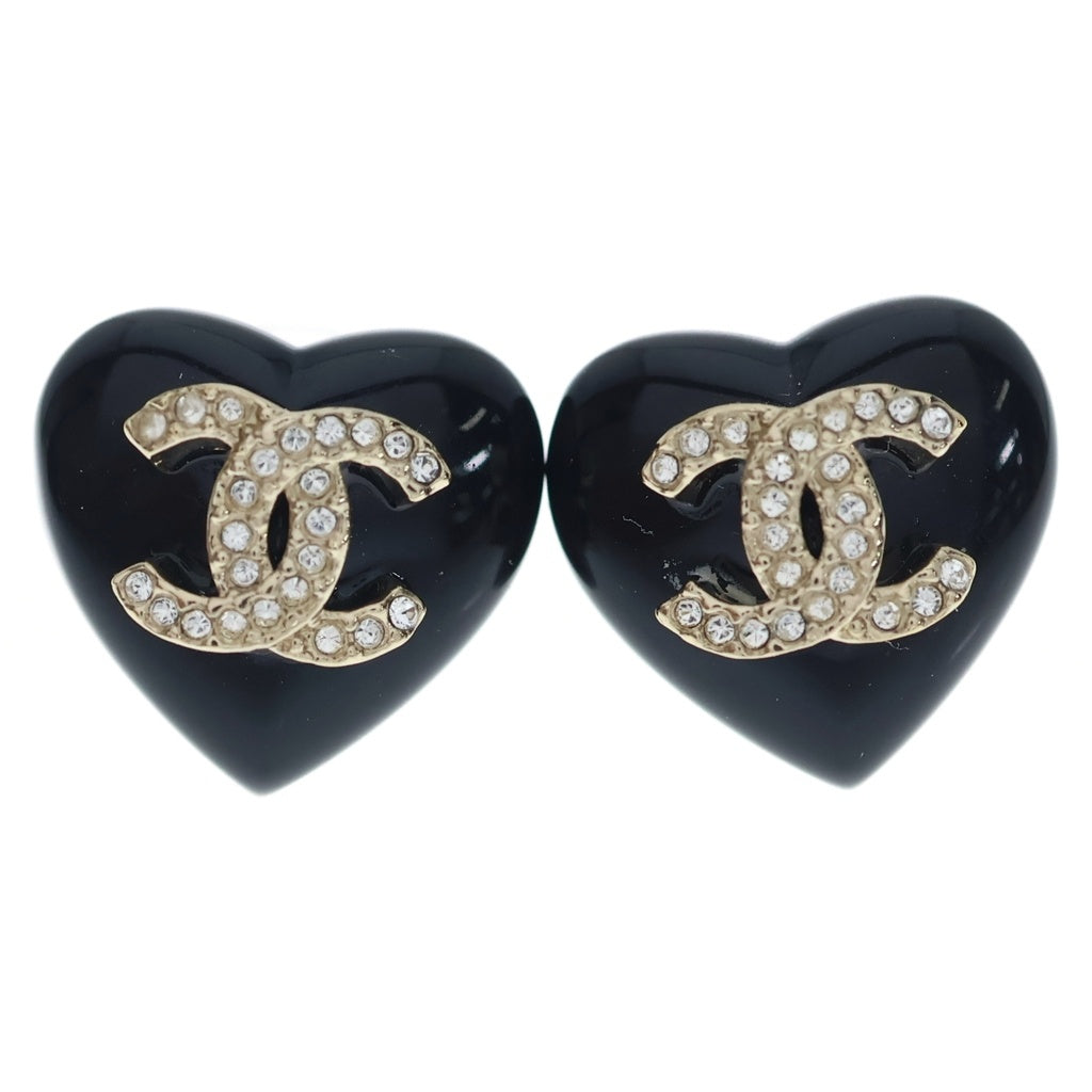 CHANEL(シャネル) ココマーク ラインストーン ハート ピアス ブラック×ゴールド レディース