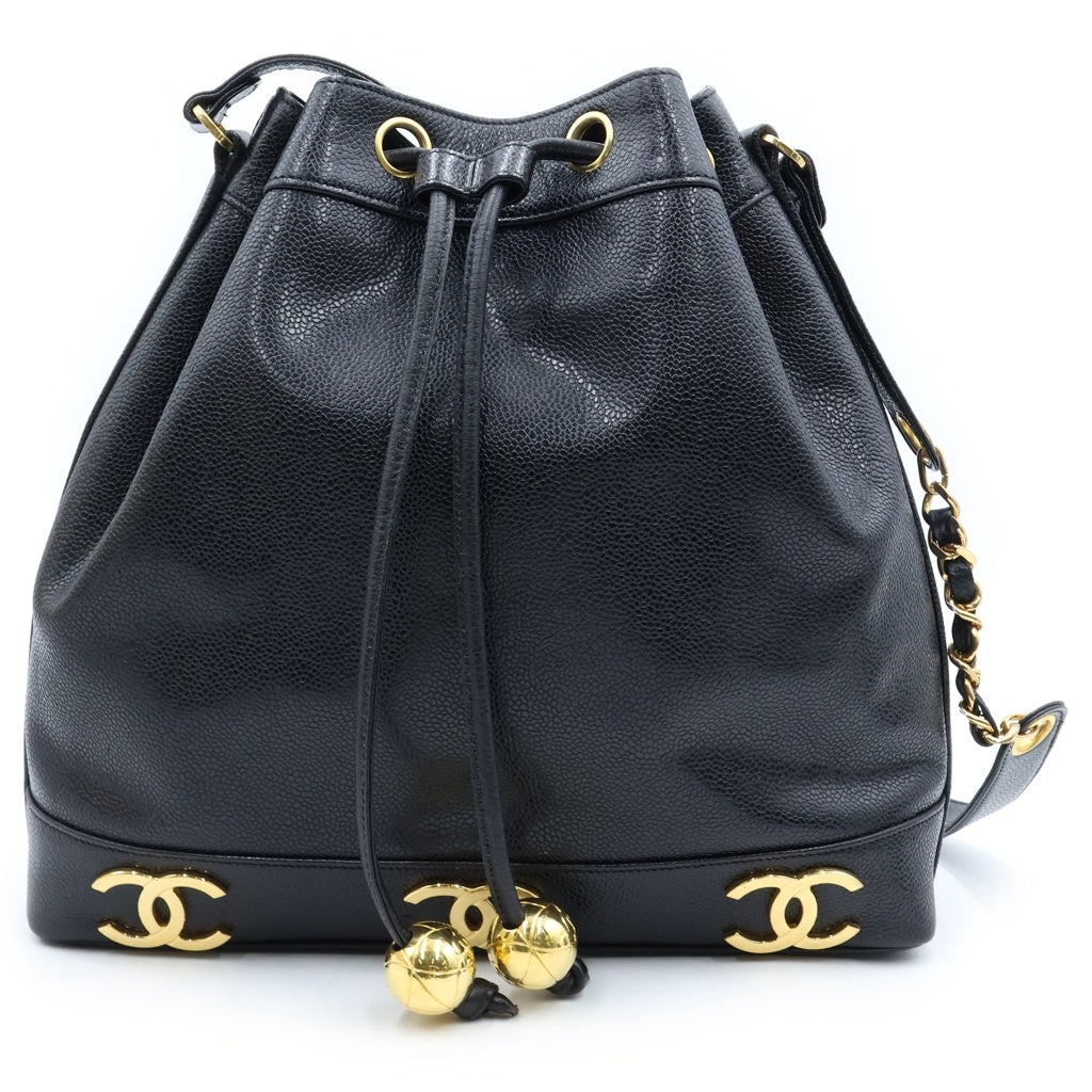 CHANEL(シャネル) トリプルココ チェーンショルダーバッグ 巾着バッグ ブラック キャビアスキン ゴールド金具 レディース