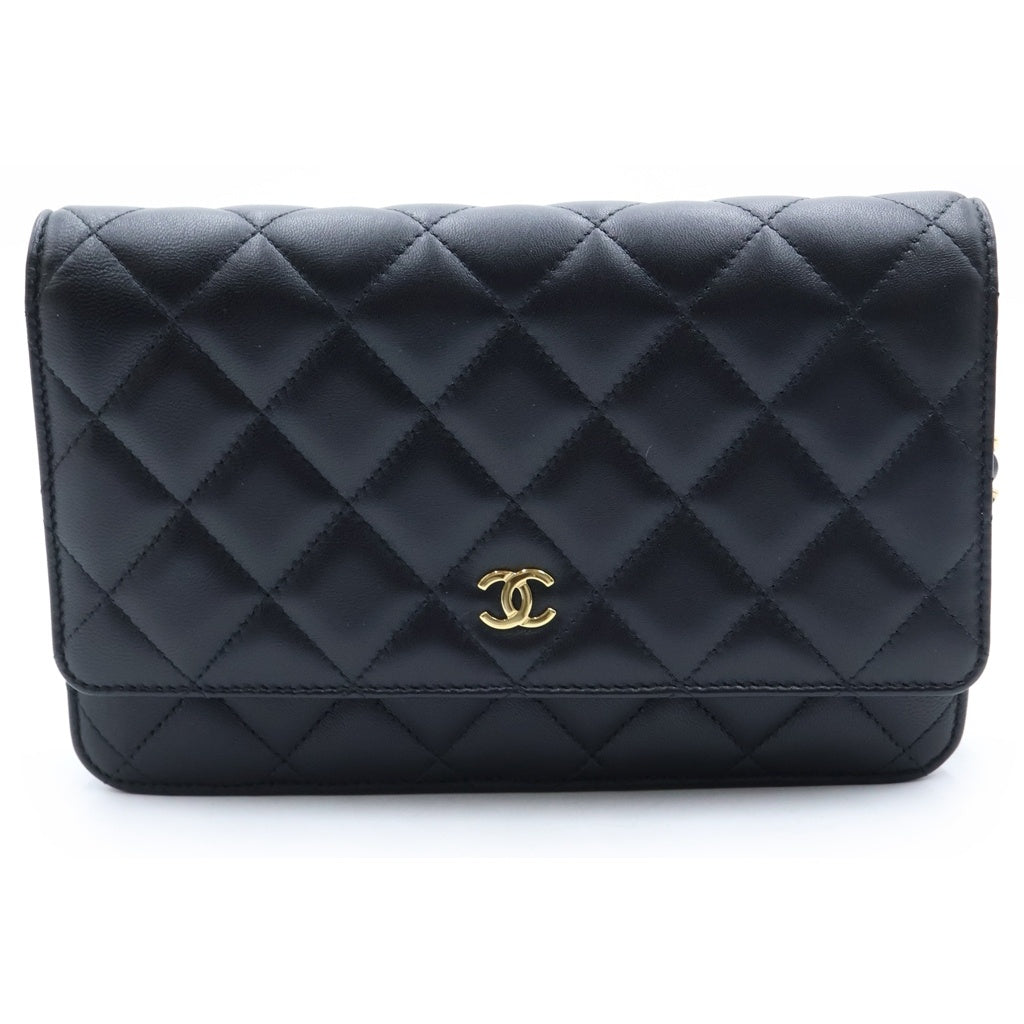 CHANEL(シャネル) マトラッセ ラムスキン レザー チェーンウォレット ショルダーバッグ ゴールド金具 ブラック プレート レディース
